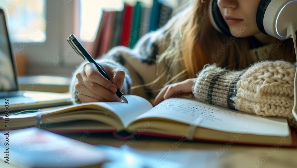 Poster a student, deeply engrossed in studies, is seen wearing headphones and jotting down notes. their unw