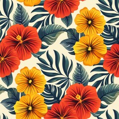 Fototapeta premium Vibrant Tropical Floral Pattern With Red and Yellow Hibiscus Flowers
