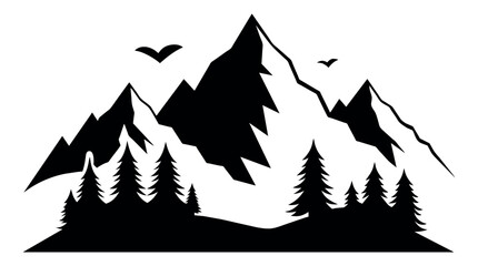 Obraz premium Silhouette of mountains with pine trees and birds. Vector illustration