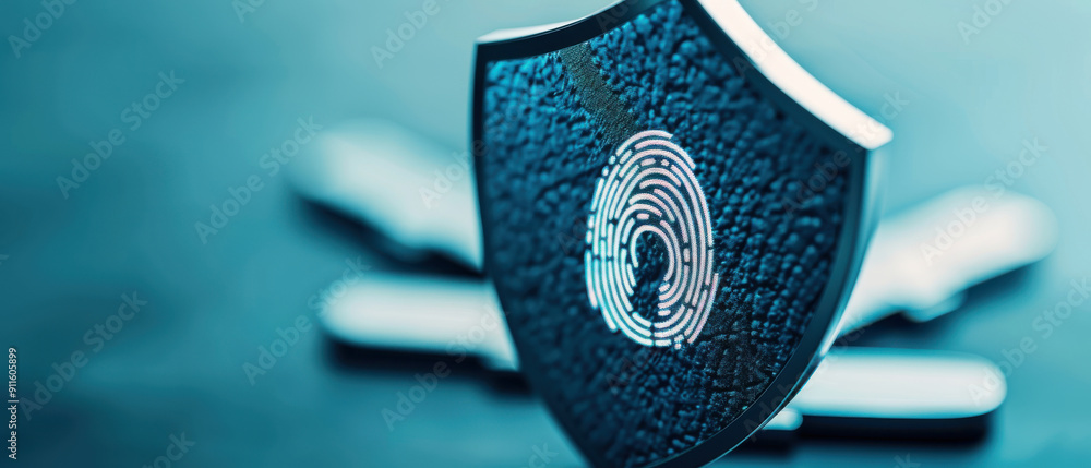 Poster close-up of a security shield featuring a fingerprint design on a blue background, symbolizing prote