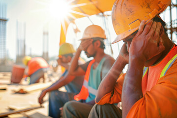 Construction workers in helmets take a break, shielding their eyes from the sun at a busy worksite, focusing on safety and teamwork.