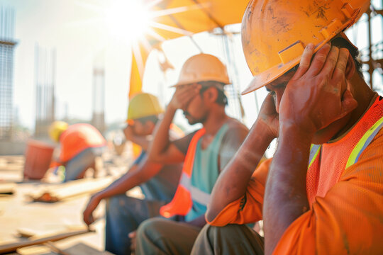 Construction workers in helmets take a break, shielding their eyes from the sun at a busy worksite, focusing on safety and teamwork.