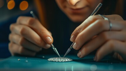 An artist in a welllit studio, crafting a detailed jewelry piece with precision tools, photorealistic, bright lighting, intricate design, highdefinition 8K , high-resolution, ultra HD,up32K HD
