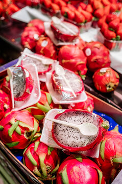 exotic dragon fruit, pitaya in boxes at the local market