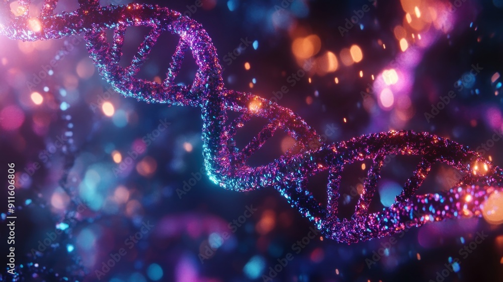 Poster glittering dna helix with bokeh background