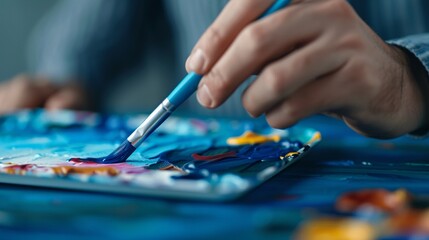 Obraz premium An artist s hand holding a palette knife, mixing different shades on a tray, photorealistic, vibrant colors, studio lighting, sharp focus 8K , high-resolution, ultra HD,up32K HD
