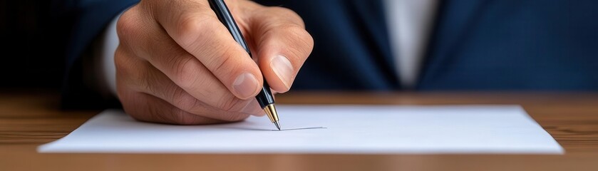 A close-up of a skilled hand writing on a blank sheet of paper, showcasing creativity and professionalism.