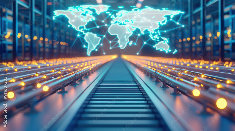 Poster futuristic data center with illuminated conveyor and a digital world map, symbolizing global connect