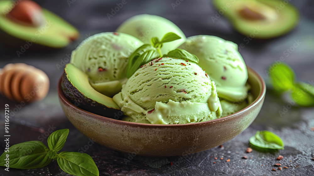 Wall mural Avocado Ice Cream: Creamy and dairy-free ice cream made with ripe avocado, coconut milk, and sweetened with maple syrup or honey.