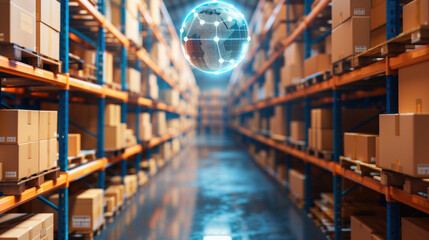 Futuristic warehouse interior with digital globe, showcasing technology and logistics innovations in inventory management.