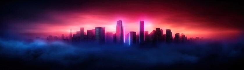 A vibrant city skyline emerges from a misty atmosphere, illuminated by colorful lights at twilight, creating an enchanting urban scene.