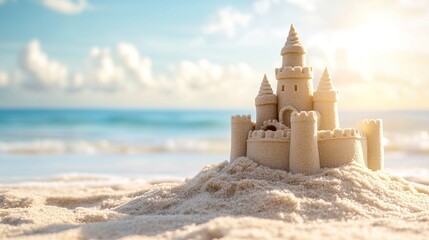 sandcastle with the beach background in the sunlight with a text space 