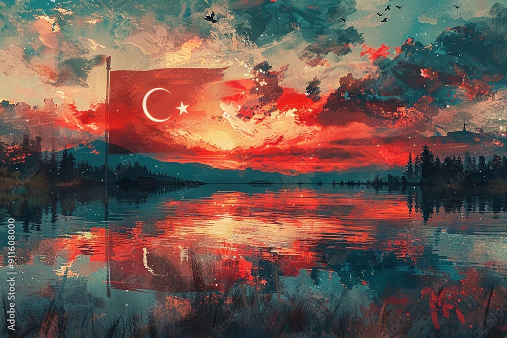 Wall mural This minimalist illustration of the Turkish flag features a simple design highlighting the red background with a prominent white crescent moon and star