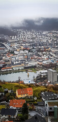 view over Bergen city on a foggy cold winter day