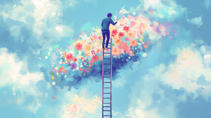 Man climbing up a ladder to reach a cloud of flowers, positive thinking mind, creating an optimistic future of success and oppurtunity