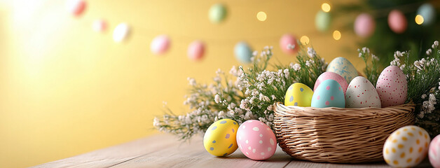 wide horizontal seasonal banner background with colorfull hand painted easter eggs on a table  