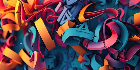Abstract colorful shapes and letters.