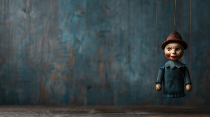 Obraz premium A weathered marionette doll on a rustic stage with a dramatic abstract backdrop