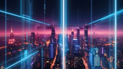 Fototapeta premium A depicts a cityscape at night, illuminated with vibrant lights. There are vertical lines and digital overlays throughout the image, which suggest the idea of a connected