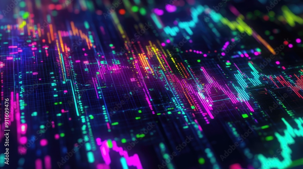Poster abstract depiction of financial graphs and charts in neon colors