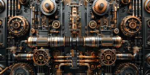 Steampunk clockwork with gears and pipes.