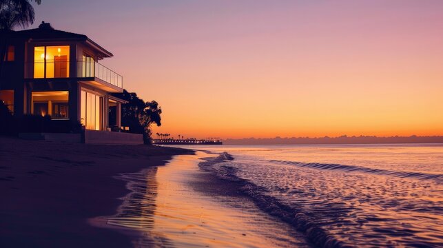 Golden hues blend over the ocean as dusk settles by the beachside residence