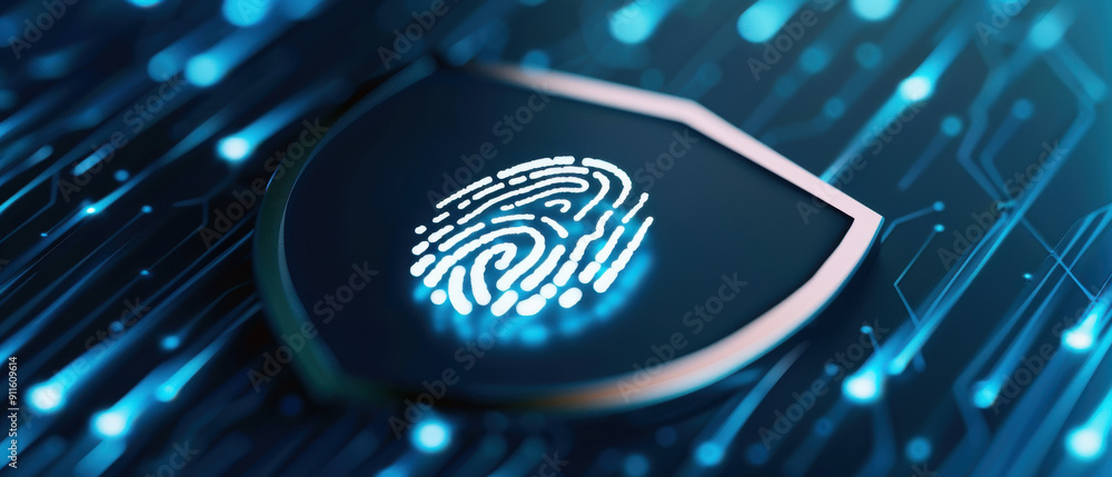 Poster a digital shield featuring a fingerprint, symbolizing cybersecurity and data protection in a high-te
