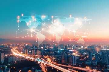 A stunning cityscape featuring a digital world map overlay, symbolizing global connectivity and technological advancement.
