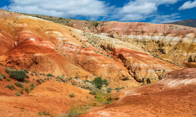 Fantastic mountain natural landscape with bright color transitions and blue clear sky in place named Mars 2, Altai Republic, Russia. Unearthly Martian landscapes