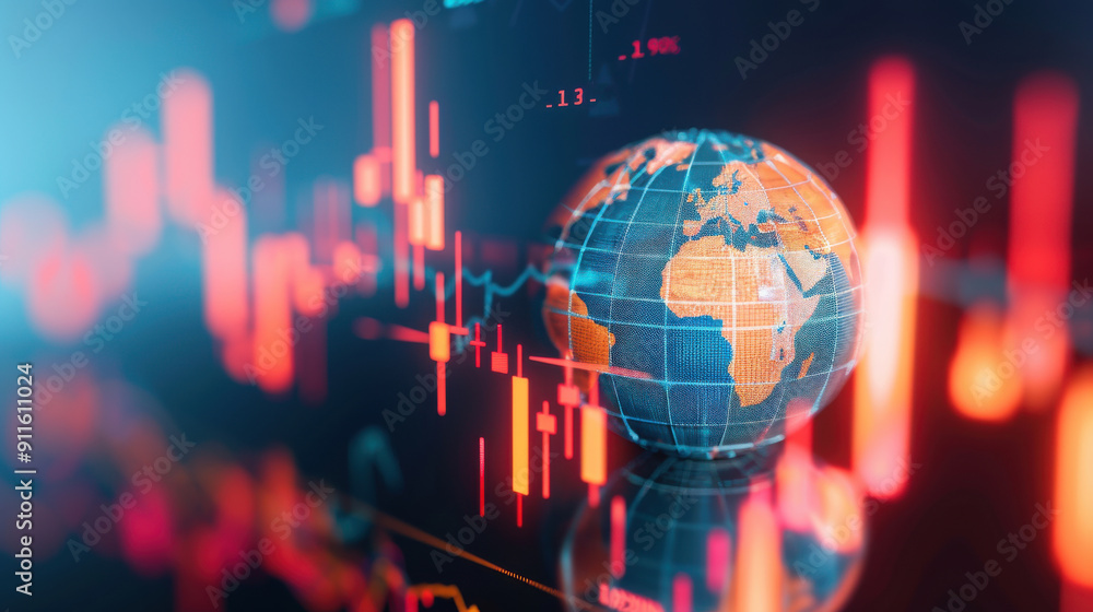 Poster a vibrant global market visualization featuring a world globe intertwined with dynamic financial gra