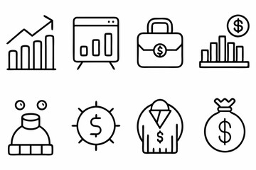 Finance line icons set. Money payments elements outline icons collection. Currency, money, bank, cryptocurrency, check, wallet, piggy, balance, safe, loan

