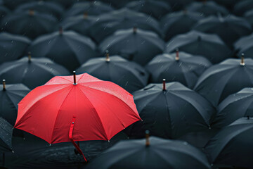 A vibrant red umbrella stands out amidst a sea of black umbrellas, showcasing uniqueness and individuality in a rainy setting.