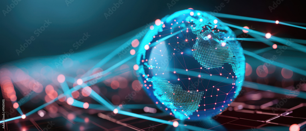Poster abstract representation of a digital globe with network connections and vibrant visual effects, symb