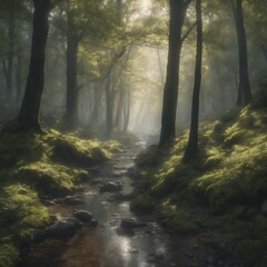 Obraz premium wandering through an eerie forest path with a brook alongside the path.
