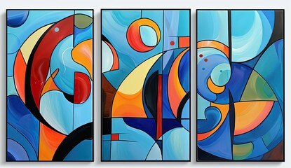 Three framed abstract paintings with blue, orange, and red.