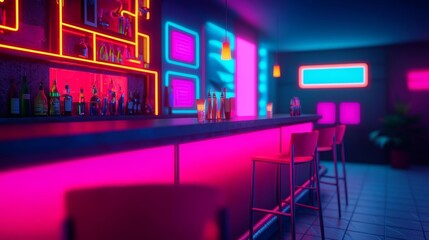 Cyberpunk bar interior with neon signs, colorful decor, and futuristic vibe, 80s and 90s retro theme