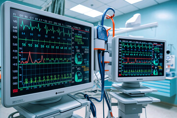 Diagnostic Monitors Displaying Vital Signs With Heart Rate, Blood Pressure, Oxygen Levels, and Other Essential Data