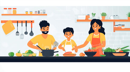 family cooking in kitchen