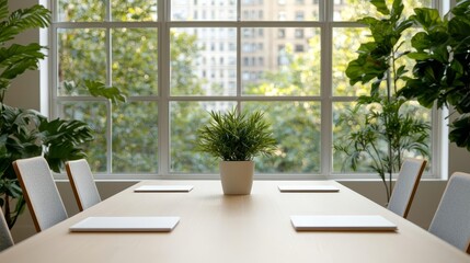 Fototapeta premium Eco-friendly meeting room with big windows facing a green urban space, sustainable office interior