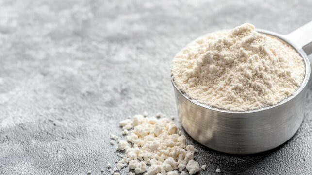 Detailed shot of whey protein powder in a scoop, granular texture, fitness and bodybuilding supplement