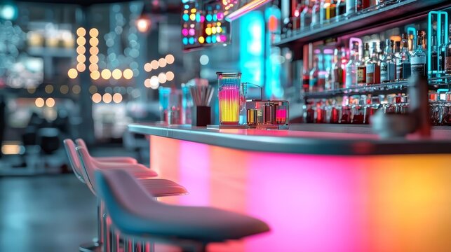 Cyberpunk-themed cafe with glowing neon lights, colorful bar setup, and futuristic city backdrop, night scene