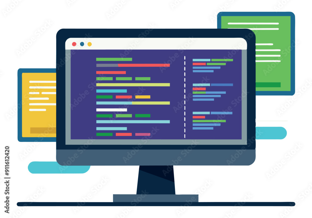 Poster computer screen displaying colorful lines of code. vector illustration
