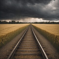 Fototapeta premium a photorealistic image from a ground eye view of train tracks in the centre of the image at eye level leading forward into a horizon with dark storm clouds. There is bright yellow wheat in mustard