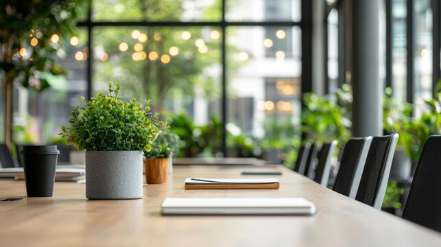 Sustainable office conference space with large windows, indoor greenery, and a view of an urban garden