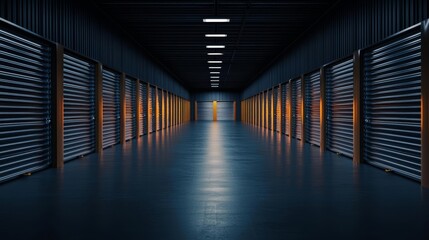 Brightly lit self-storage facility with multiple metal units, industrial garage building, secure storage solutions