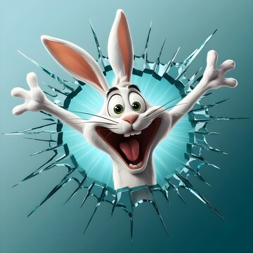 A quirky cartoonish rabbit bursting through a shattered glass wall
