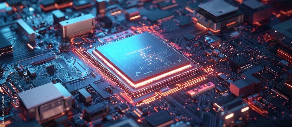 Poster 3d rendering of a central processing unit on a circuit board showcasing advanced computer technology