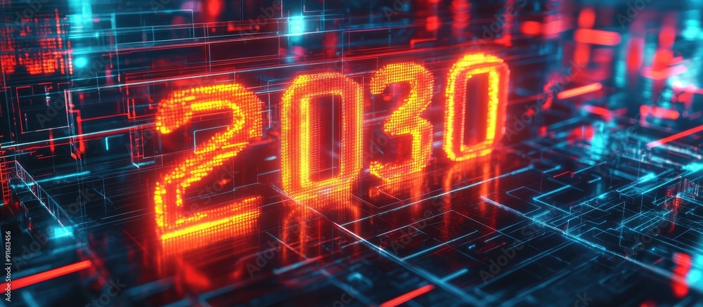 Poster 3d rendering of 2030 text with technological failure effects and glitch interference