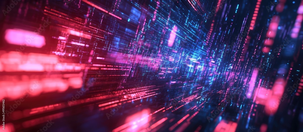 Poster 3d rendered text on ai technology with glitch effects and interference patterns