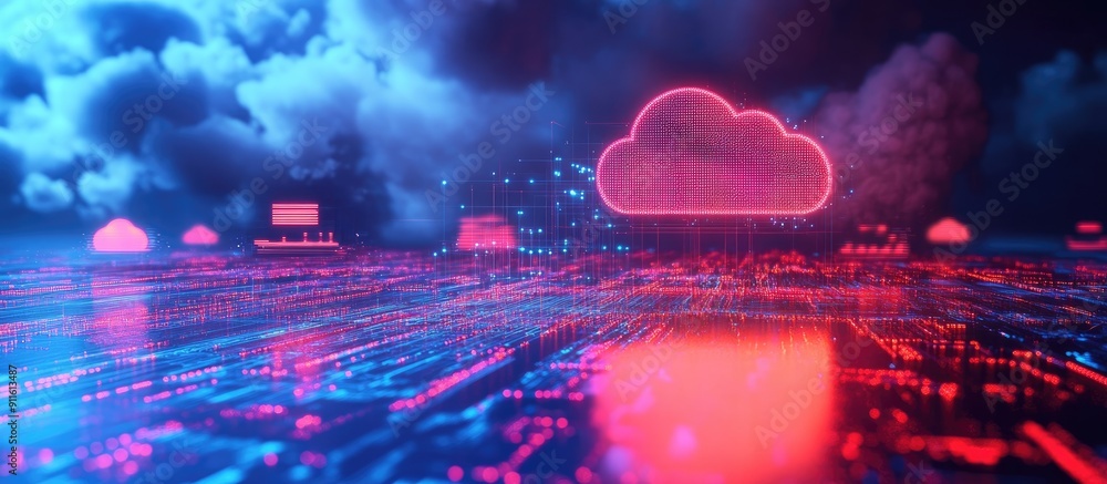 Poster 3d rendering of cloud computing and network security technology concepts